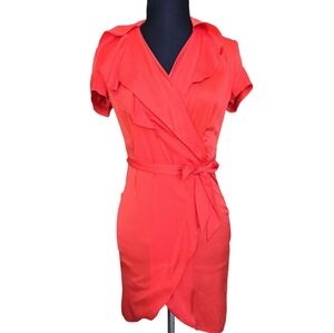 NWT Banana Republic Coral Red Ruffle Neck Tulip Hem FauxWrap Size 00P Feminine